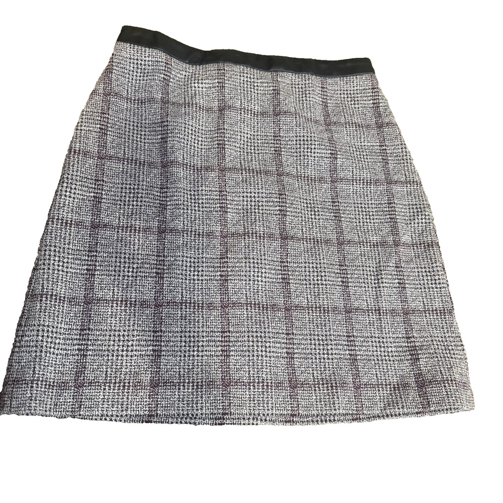 Ann Taylor Mini Skirt 4P Tweed faux leather waistband grey black Old Money‎